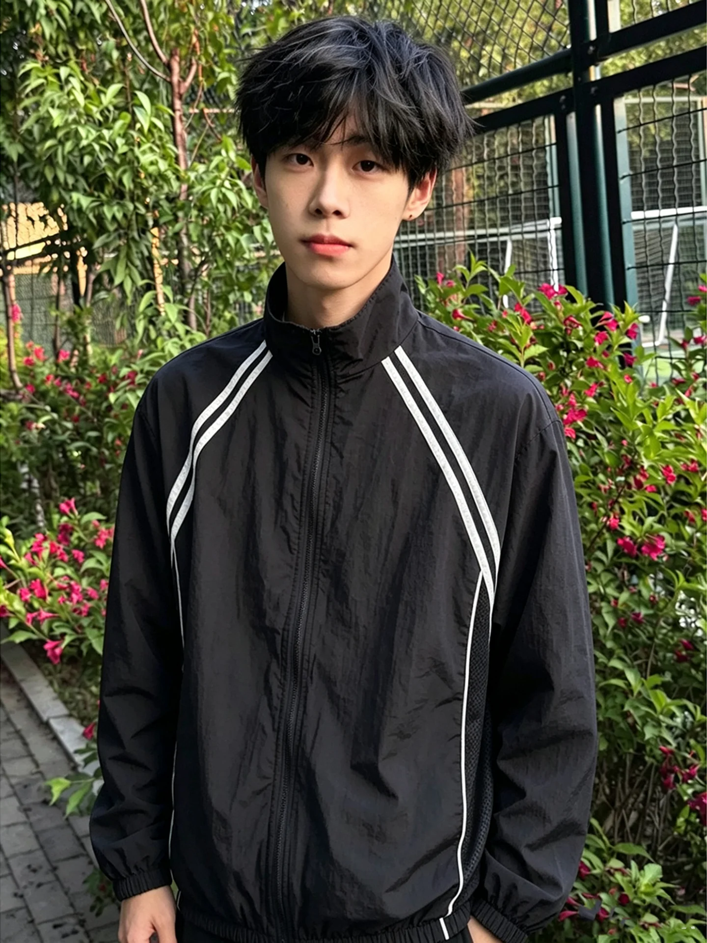 Outdoor Stripe Splicing Stand Collar Sun Protection Jacket Men's Mesh Punched Breathable Quick Dry Fleece Thin Riding Jacket