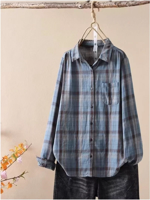 

Spring 2026 Large Size Women's Casual Cotton Plaid irt Artistic Long Sve Top Versatile Loose Fit Spring Commute Sle
