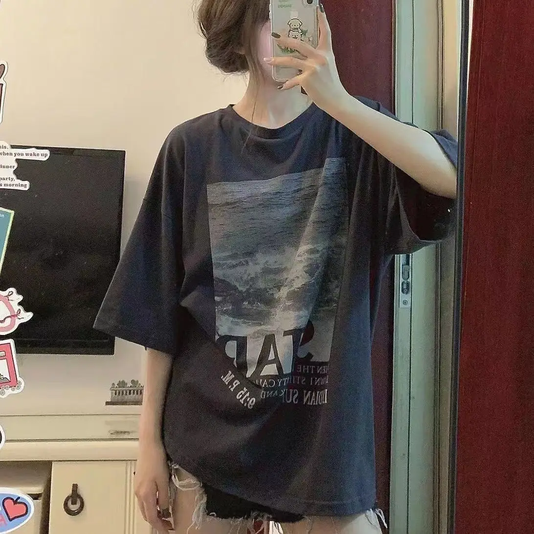 Short Sleeve T-Shirts Women Harajuku Korean Aesthetic Chic Loose Fit Comfortable Graphic Print Casual Cotton Summer Daily