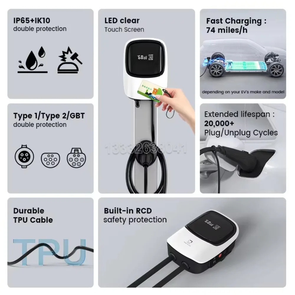 Type 2 220V AC Electric Car Charging Station 7KW Fast EV Charger with 5m Cable Byd Home Charger New & Used IP55 Protection
