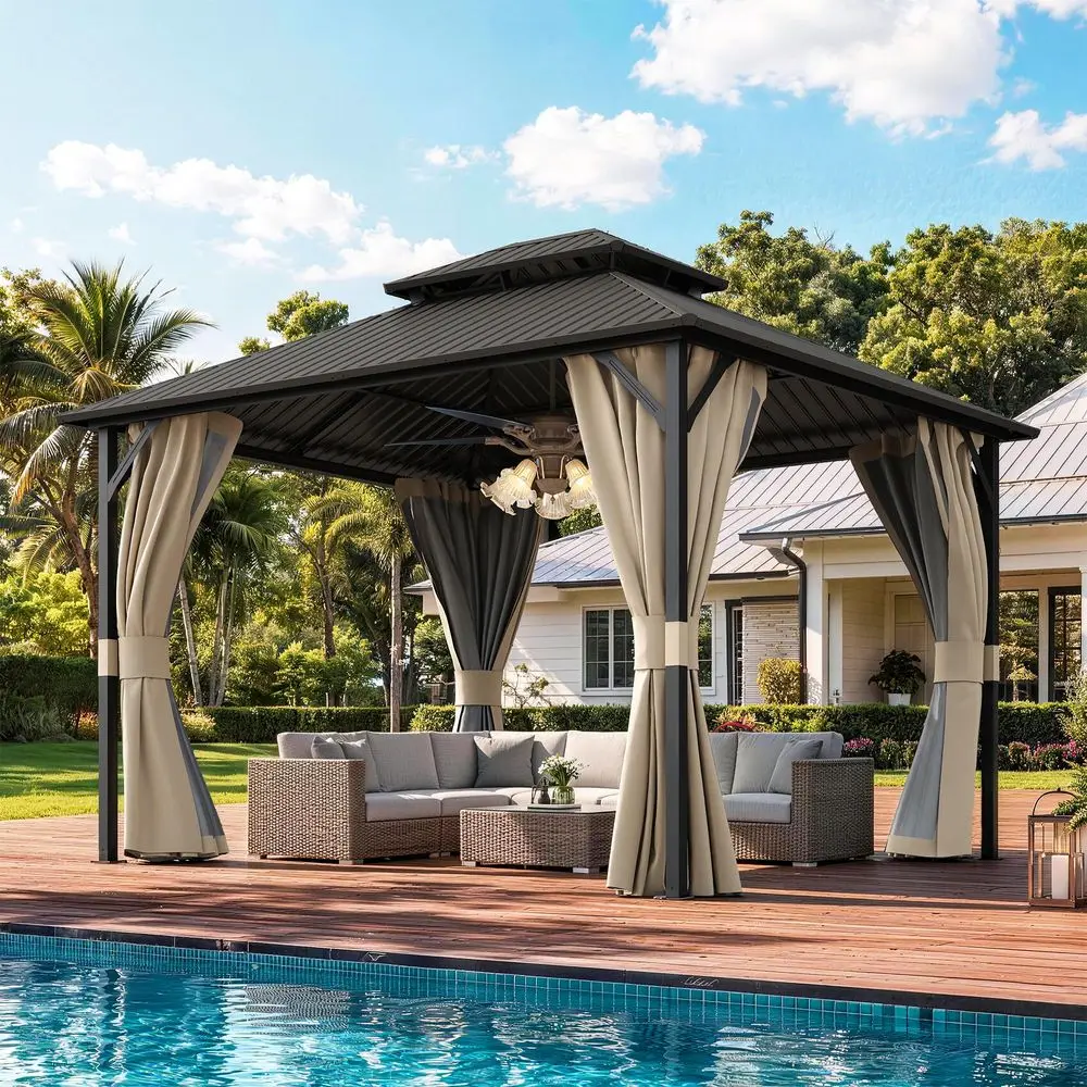 10x12FT Hardtop Gazebo, Metal Galvanized Steel Double Roof, Beige