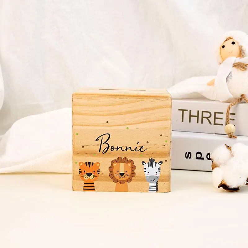 Personalized Children's Piggy Bank with Name Wooden Baby Piggy Bank Coin Collection Box Boy Girl Baptism Birthday Gift