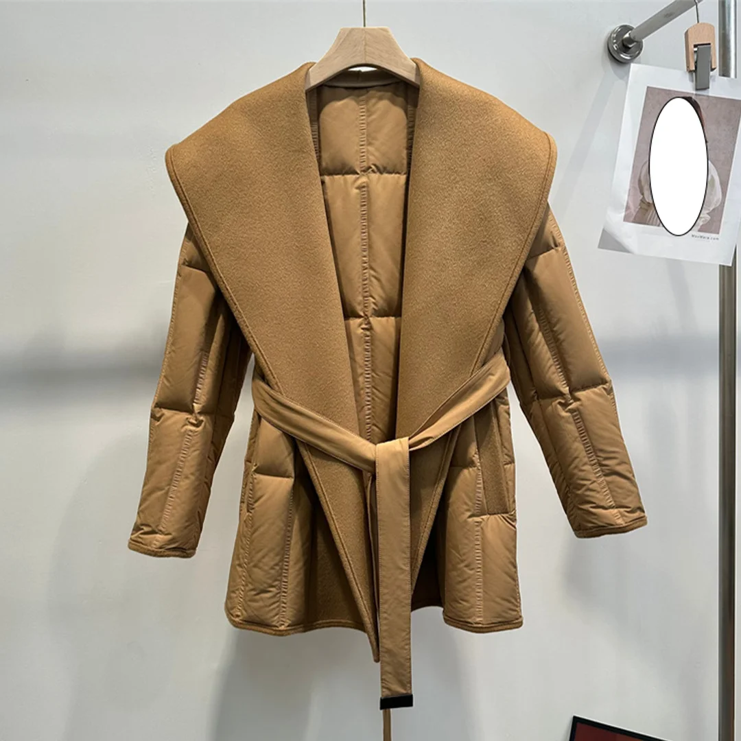 両面カシミヤコートとホワイトグースダウンジャケット、ウエストを強調するタイフロントダウンジャケット（女性用）