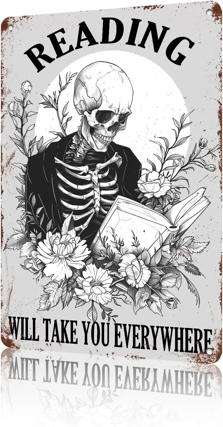 Skeleton Book Worm Nerd Tin Sign - Just One More Chapter - for Home, Bedroom, Library & Gifts for Book Lovers - in