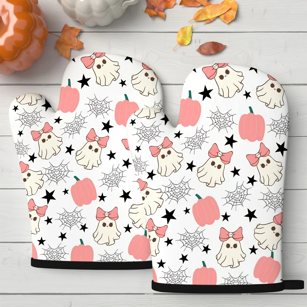 Halloween 2-Pack White Base Bow Tie Ghost And Little Radish, Oven Mitt - Non-Slip And Heat Resistant, Suitable for Kitchen