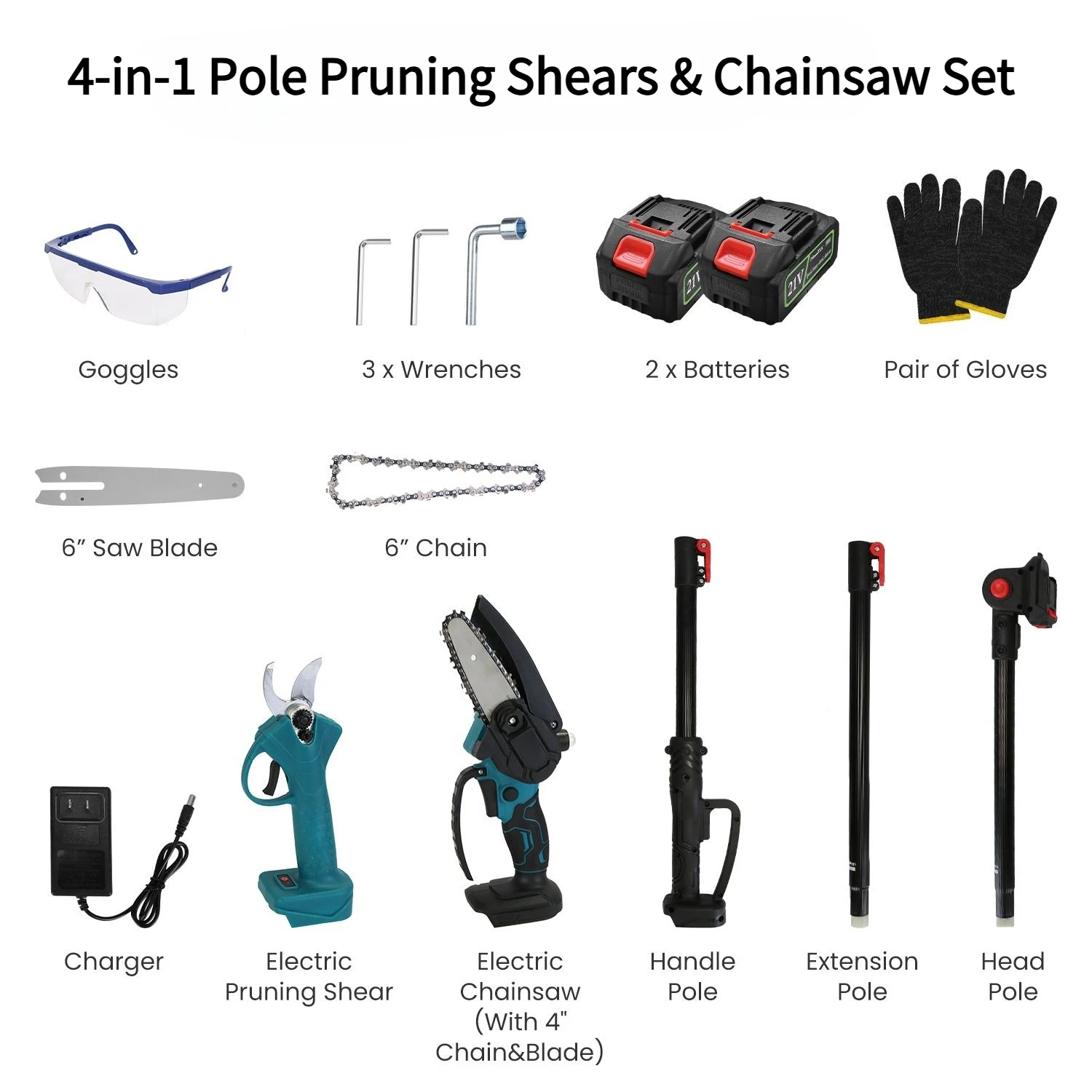 4-in-1 Pole Pruning Shears, Electric Pruning Shears & Pole Saws for Tree Trimming with 7 Adjustable Head Angles, Cordless Pole Shears and Battery Pole Saw with 2 Pcs 3000 mAh Rechargeable Batteries