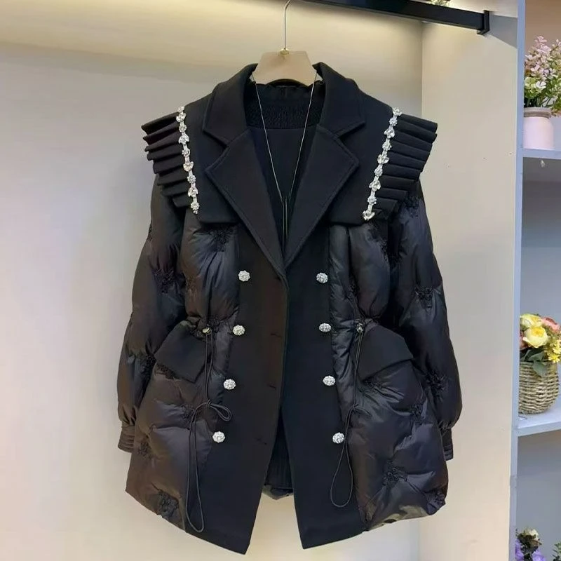New Plus Size Women Clothing 2026 Winter Fashionable Waist Cinching Slimming Loose Fitting Patchwork Suit Collar Cotton Jacket