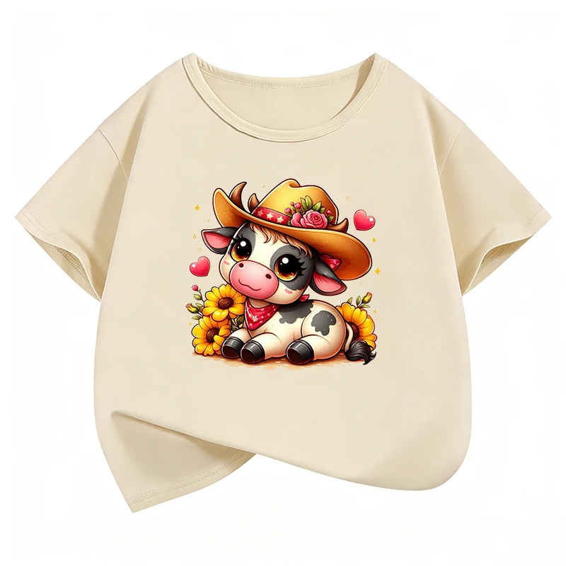 Lovely Cow Design T-Shirt Printed T Shirt Girls' Summer Clothes Short Sleeve Tops T-Shirts Cute Girls Clothing