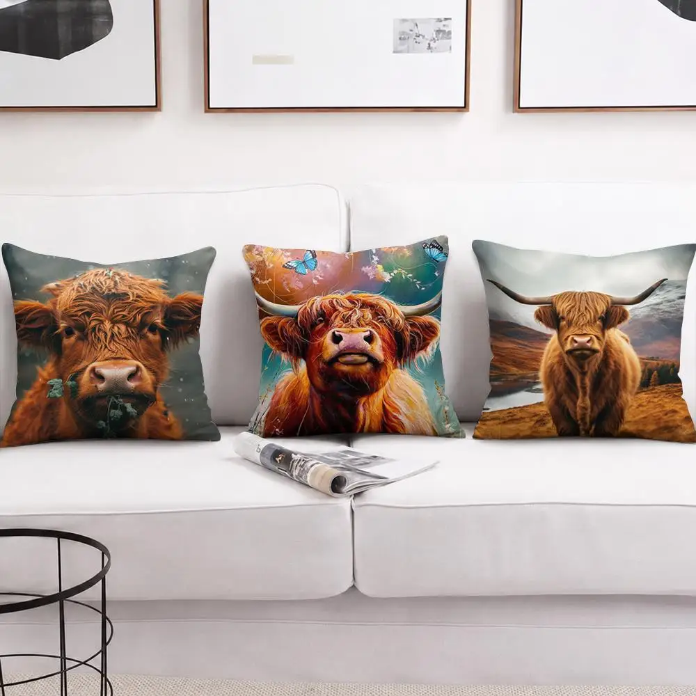 Cute Highland Cow Cushion Cover Soft Short Plush Pillow Cover Smooth Cozy Texture Aesthetic Cushion Case Home Decor