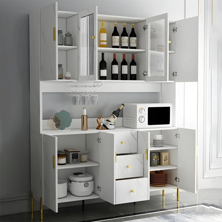 Luxury Modern Dining Room Furniture Wooden Console Table Grooved Buffet Bar Cabinet Platinum Storage Sideboard with Marble Top