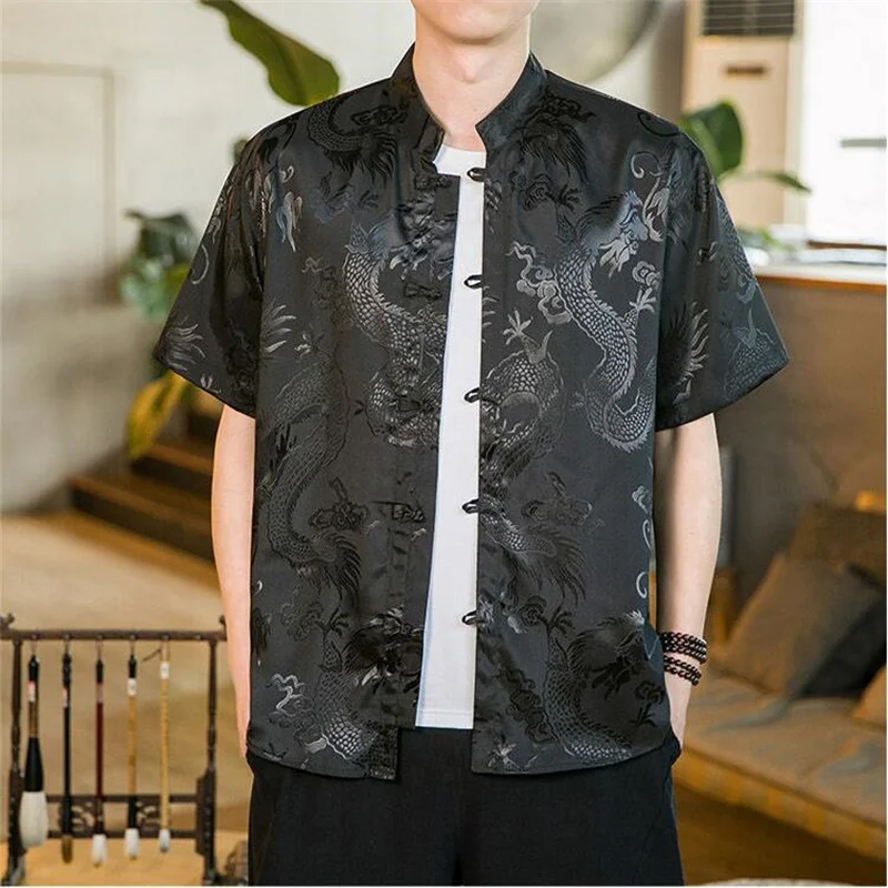 Summer New Male Chinese Style Standing Neck Short Sleeved Shirt Fashion Men Luxury Jacquard Dance Party Casual Top