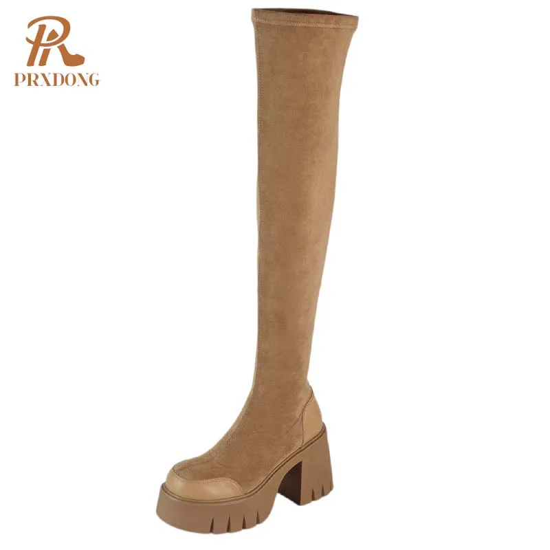 PRXDONG 2024 New Fashion Shoes Woman Over The Knee Boots Chunky High Heels Platform Black apricot Dress Casual Lady Long Boots