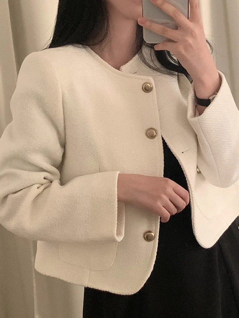 

Chic Metal Button Long Sve ort Coat for Women Loose Fit Commute Sle Autumn High Faion Sensation Woolen Outerwear