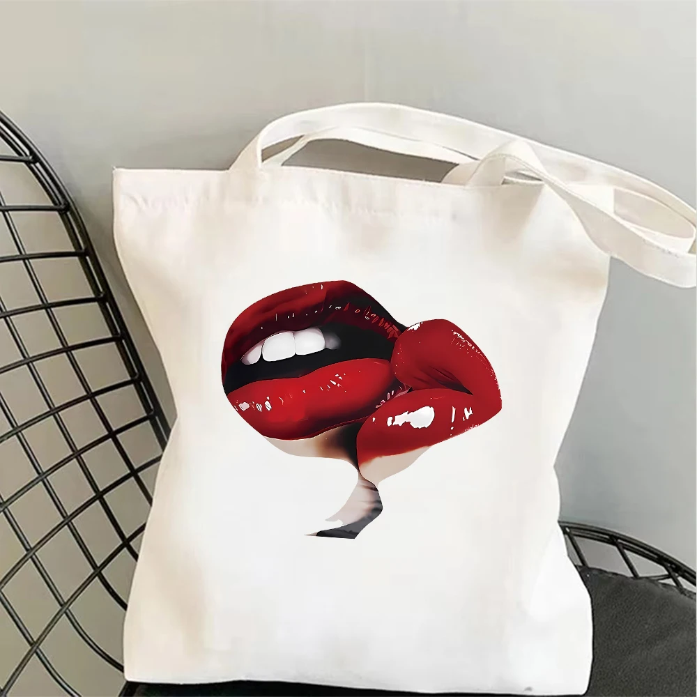Glossy Red Lips Canvas Tote Bag Bold Fashion Shoulder Bag