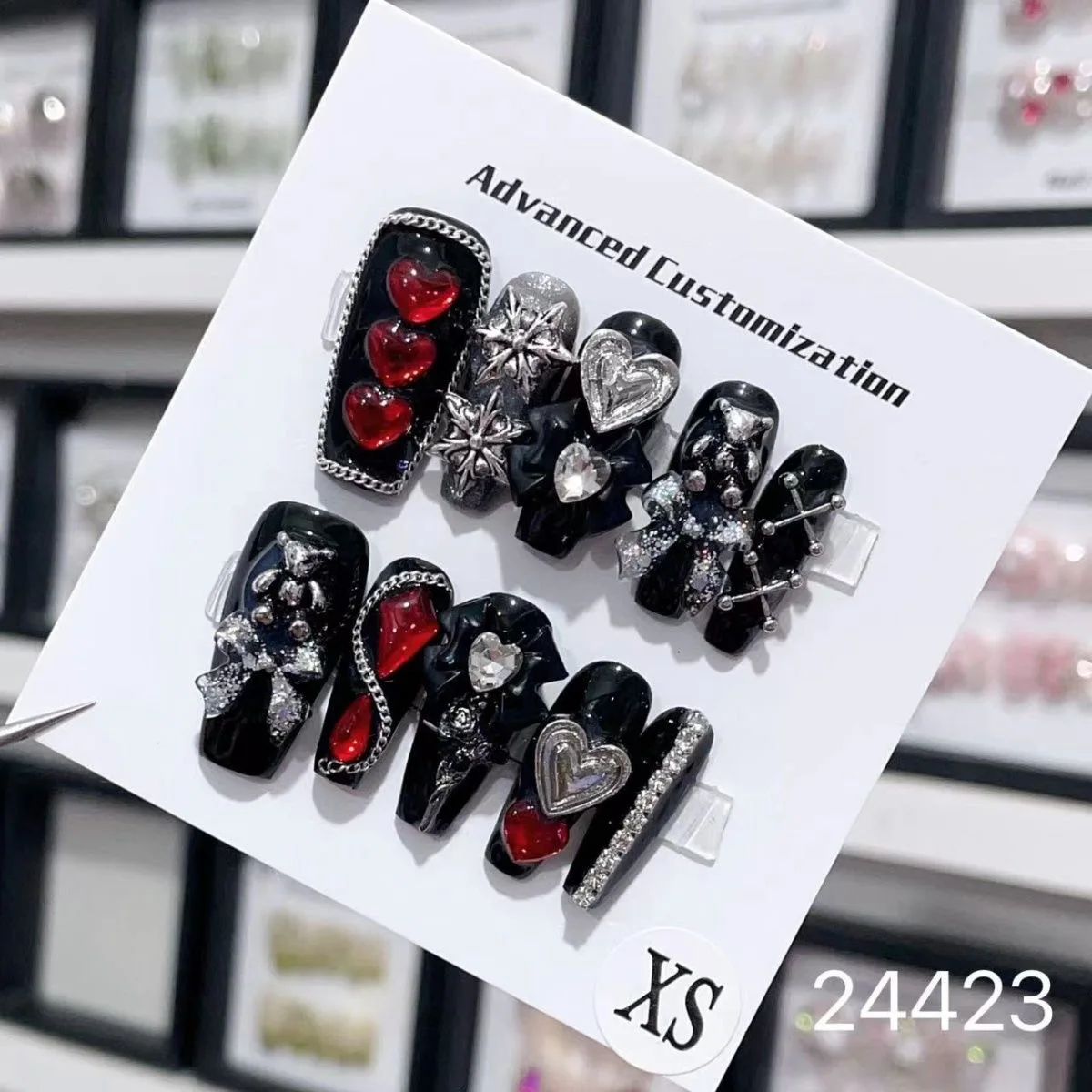 

Handmade Y2k Press on Nails Goth Style Black and Red Halloween Fake Nails with Design Full Cover Long Coffin Acrylic Nail Tips