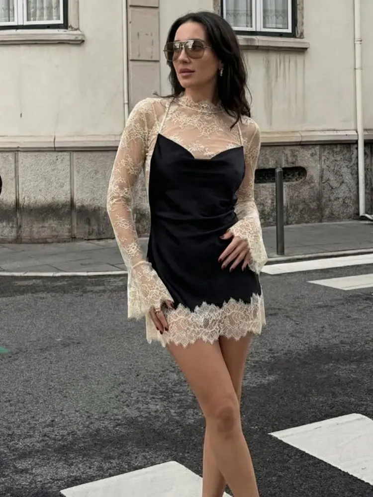 HH 2026 Women Lace Patchwork Mini Dress Vintage Contrast Slim Long Sleeve Dresses Y2k Summer Fashion High Street Lady Chic Dress