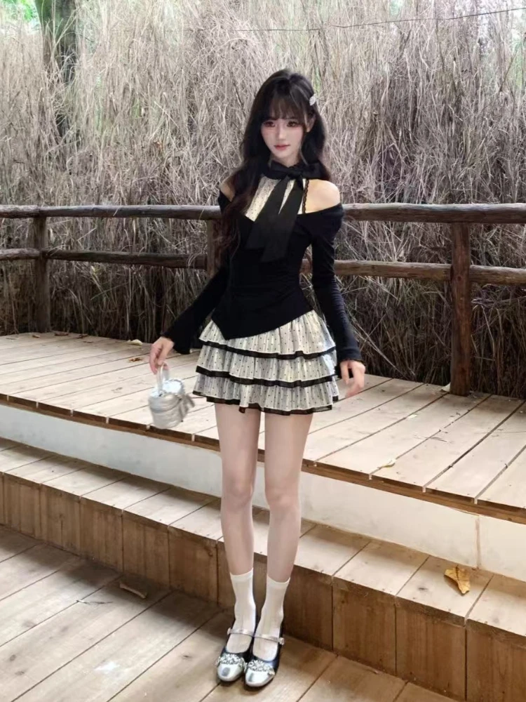 French Sexy Princess Long Sleeve Skirt Suit Aesthetic Sweet Slim Lace Patchwork Set Bow Fashion Party Two Piece Sets 2024 Winter