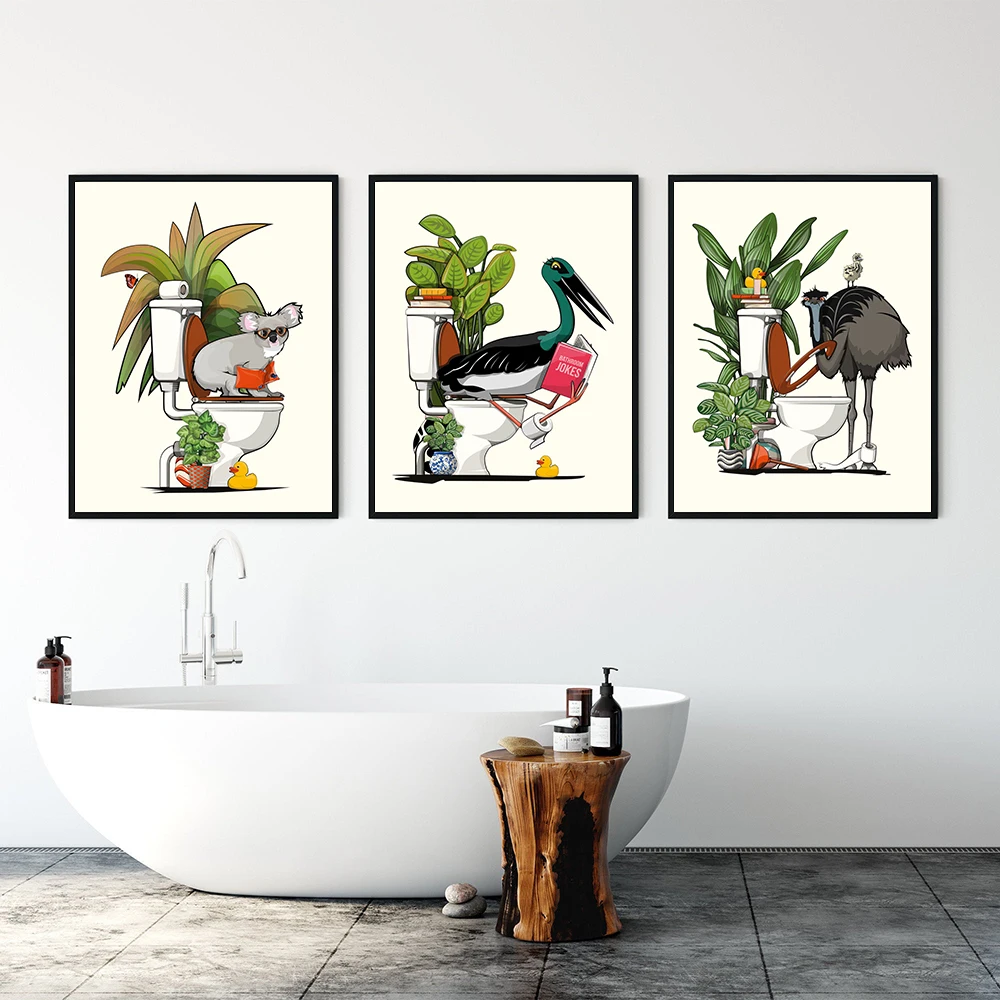 Black Stork on Toilet Poster Funny Animal Kangaroo Fixing Toilet Prints Emu Koala Bear Using Toilet Wall Art Canvas Painting Dec