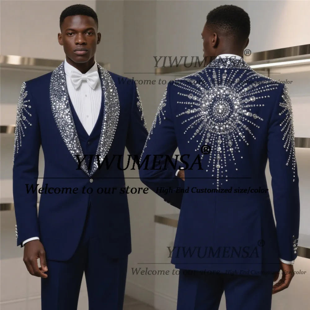 Twinkling Beaded Crystals Groom Wedding Tuxedos Customized 3 Pieces Sets  Suits Men ropa hombre Sequins Lapel Blazers Outfits