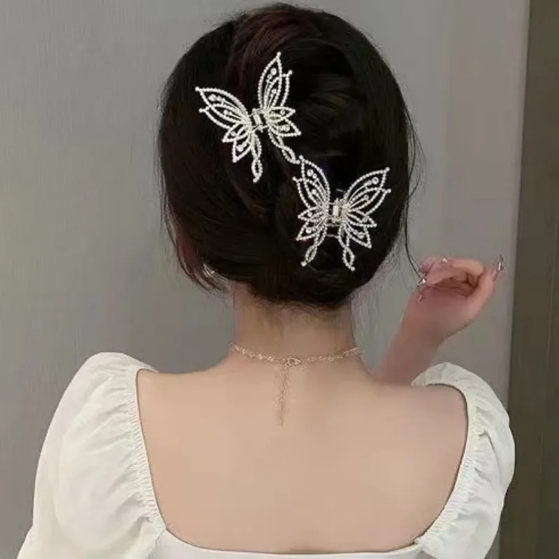 1/2Pcs Butterfly Crystal Hair Clip Women Shiny Rhinestone Vintage Pearl Shark Hairpins Metal Openwork Ponytail Holder Hair Claw