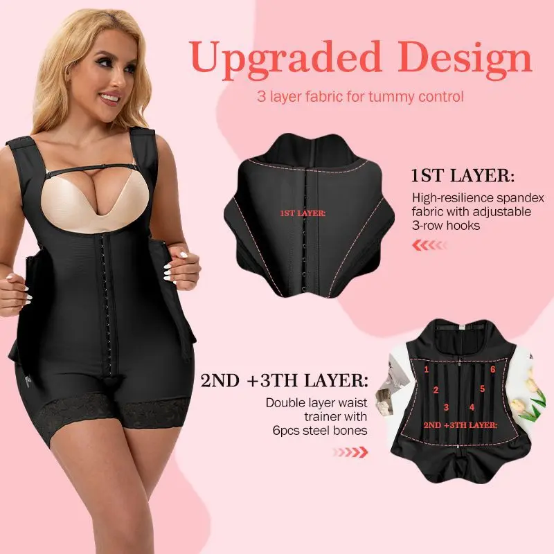 

Upgrade Compression Shapewear for women Post OP Recovery 3 Layer Fabric Tummy Lifter Butt Lift Bodysuits Open Crotch Shaping