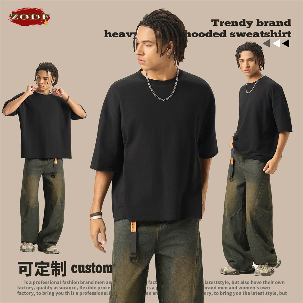 ZODF جديد 2026 الصيف رجل بوكسي تيري تي شيرت للجنسين شارع العليا حافة فضفاضة 280gsm قصيرة الأكمام تي شيرت العلامة التجارية بلايز HY0044