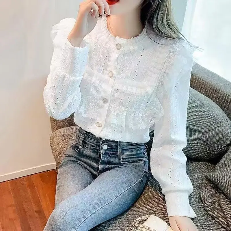 

Korean Style Lace Shirt Spring Autumn Women Longsleeve Dress Shirt Office Lady Elegant White Lace Crochet Shirt Blouse New 2025