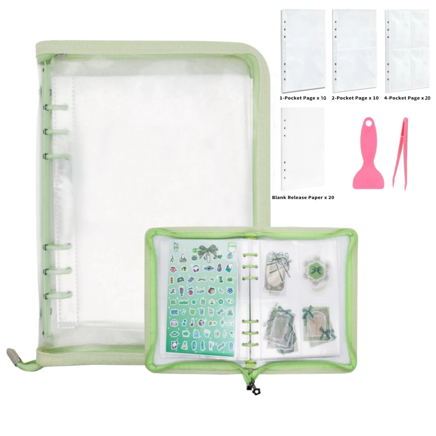 A5 Sticker Storage Organizer 6 Ring Notebook Binder Clear Binders Folder with 220 Pockets 20PCS Release Paper Tweezer Spatula