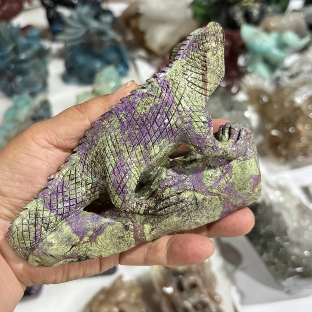 Natural Crystal Quartz Stichtite Serpentine Chameleon Figurine Reiki Healing Gothic Hand Carved Animal Stone Craft Gift