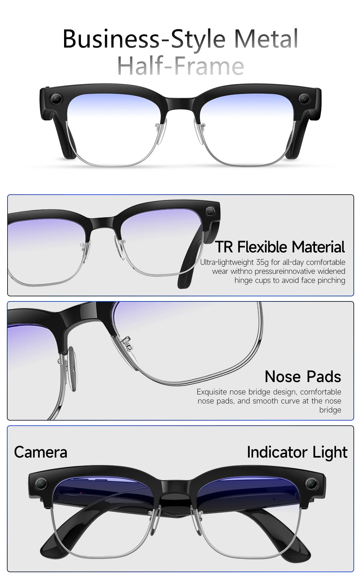 2026 Neue KI-Smart-Brille mit 120+ Sprachübersetzung, 800W Pixel Kamera, Video-Musikplayer, Anruffunktion, Business 8K Farbwechsel-Brille für Herren – Detail 3