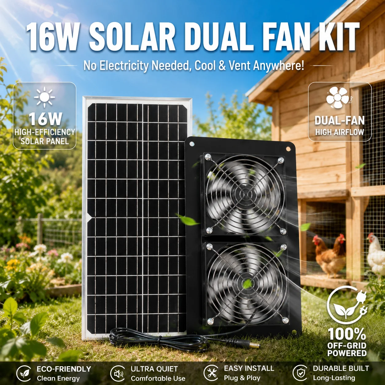 16W Solar Dual Exhaust Fan Kit – Solar Powered Ventilation System with 2 Fans for Greenhouse, Chicken Coop, Pet House, Shed, Garage Cooling Temperature – Off-Grid Cooling & Air Circulation