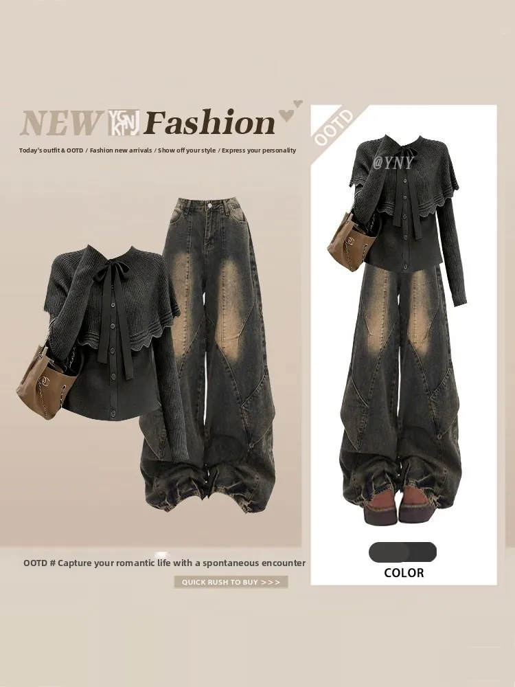 

Retro American Sle Distred Wide Leg Denim Jeans Women's Slim ort Sle Sweater Two Piece Set High Waist Slim Fit Spring