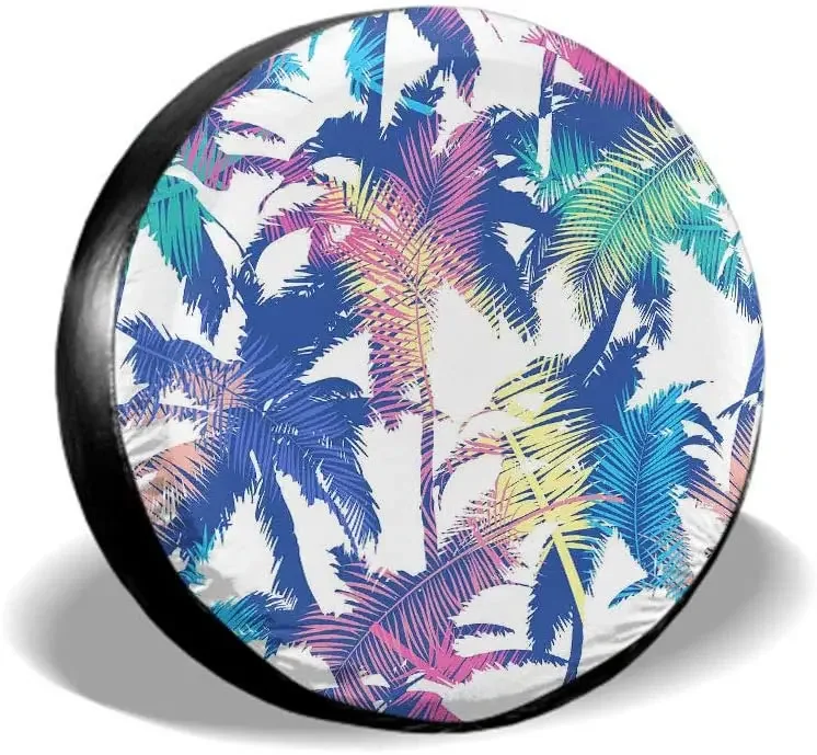 Exotic Pattern with Palm Spare Tire Cover Modern Abstract Colourful Trendy Wheel Protectors Weatherproof Polyester Tire Case