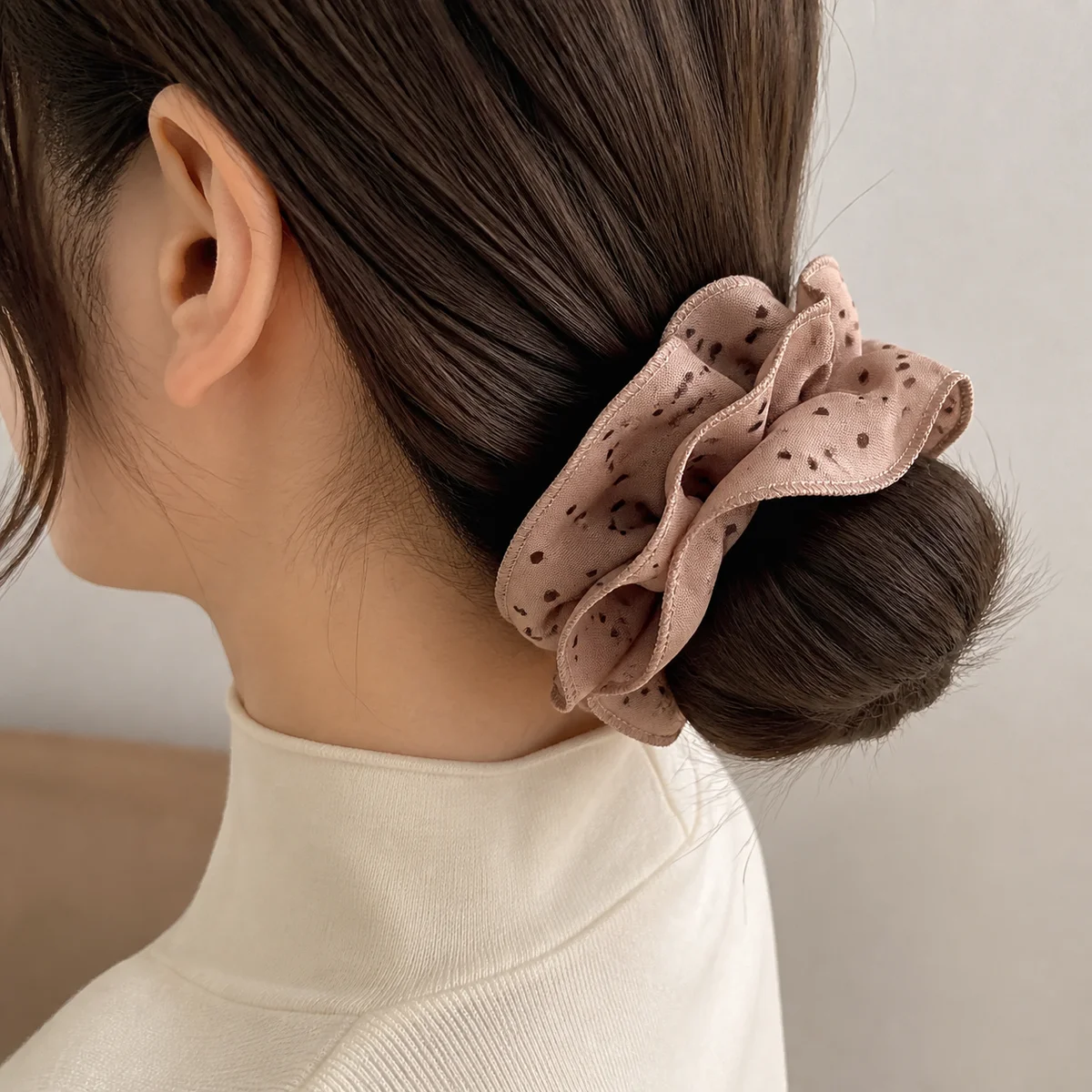 Dusty Rose Beige Dark Brown Polka Dot Ruffled Double-Layer Hair Scrunchie for Ponytails and Buns 3