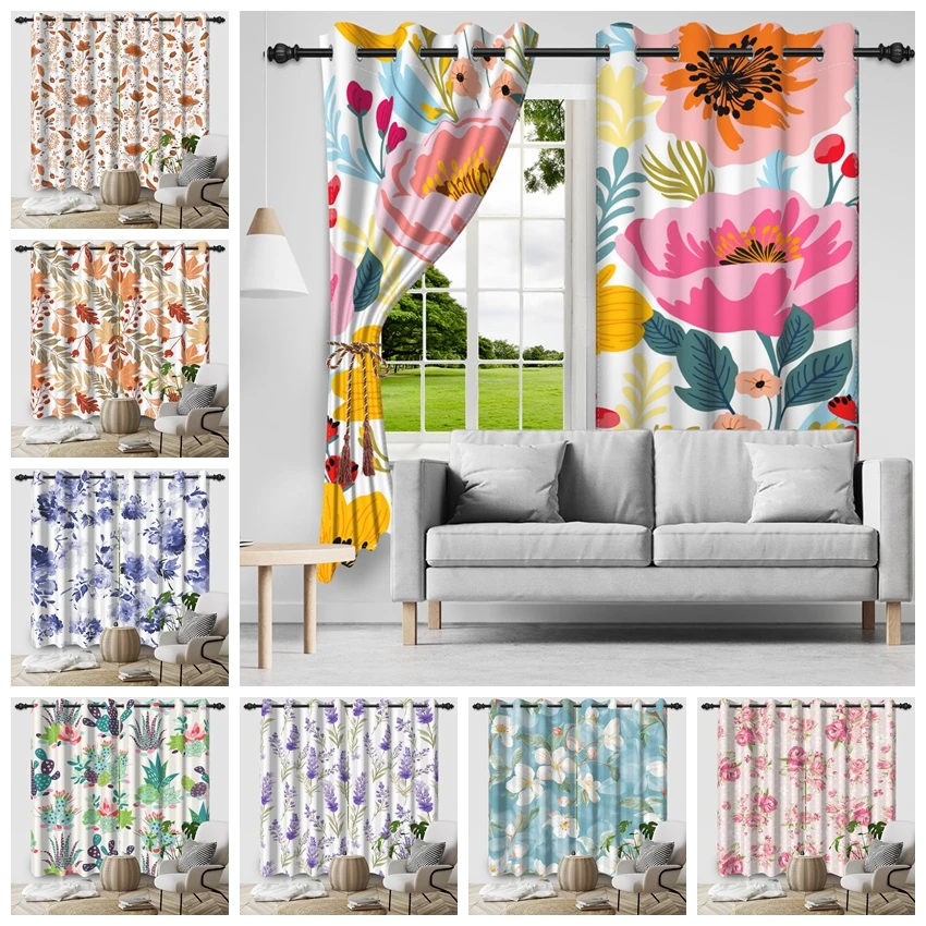 2pcs/set Fresh Floral Fragments Window Curtains Pastoral Style Decorations Home Bedroom Living Room Blackout Polyester Curtains