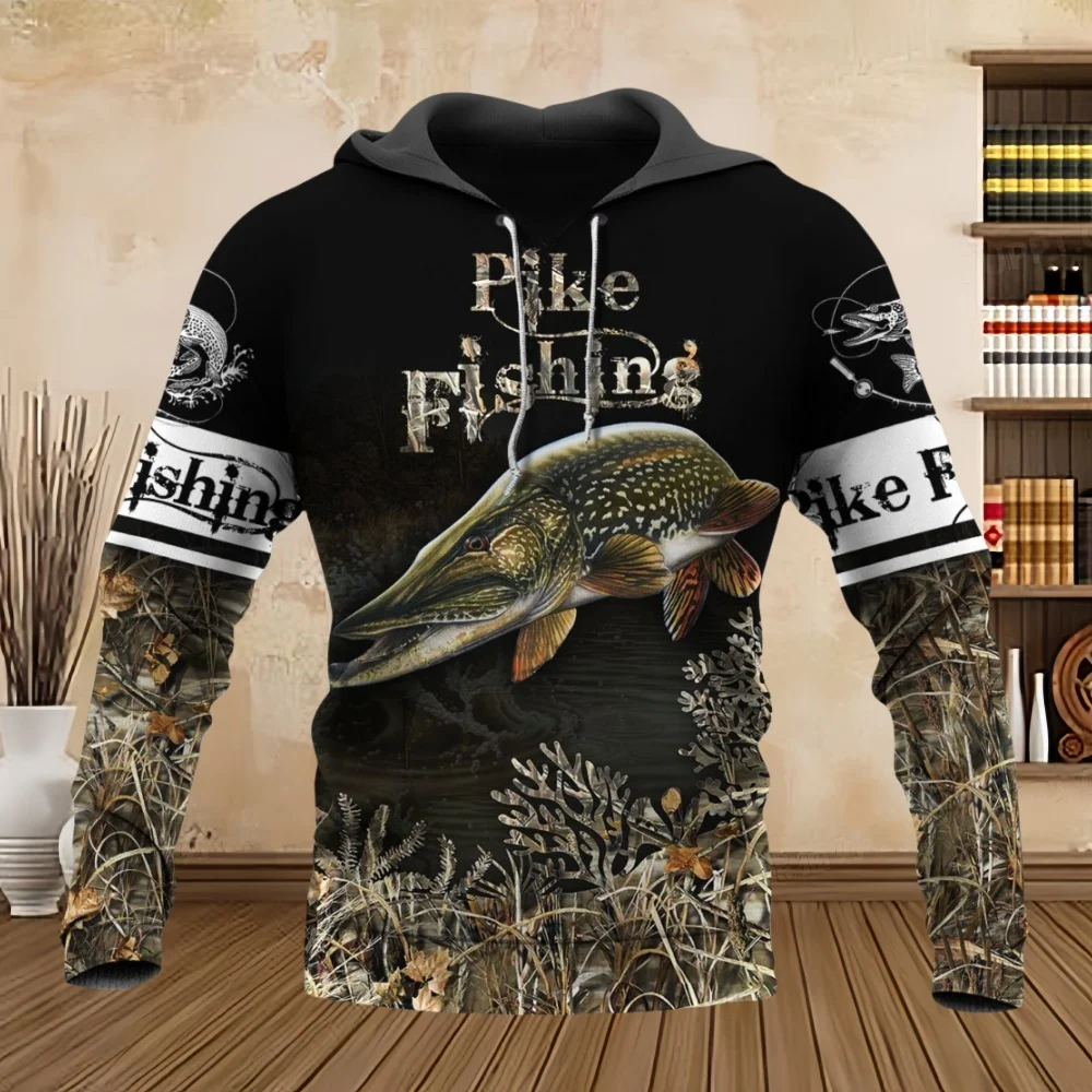 Wild Fishing Print 3D Hoodie for Men Fashion Hunting Fish Enthusiast Pullover Men\'s Clothes Casual Plus Size Sweatshirt Tops