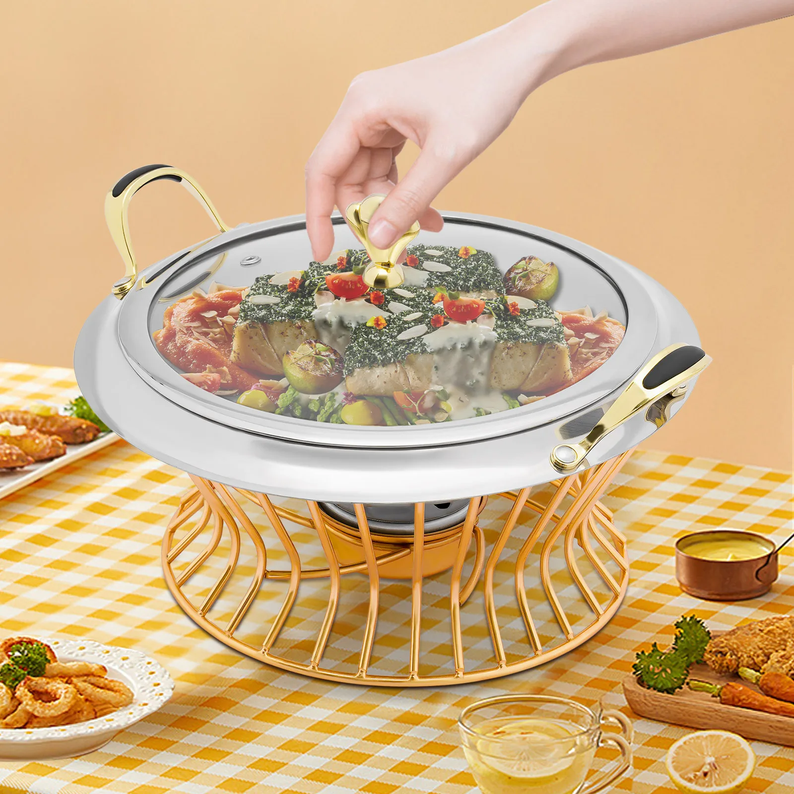 

24 см Золотая спиртовая горелка, жаровня, круглая подогреватель из нержавеющей стали, жаровня для общественного питания с держателем топливной банки для вечеринки