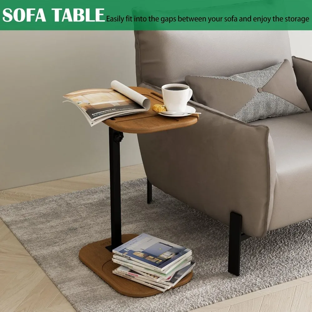 Tavolino regolabile a forma di C per bracciolo del divano, vassoio TV girevole con slot per telefono per piccoli spazi