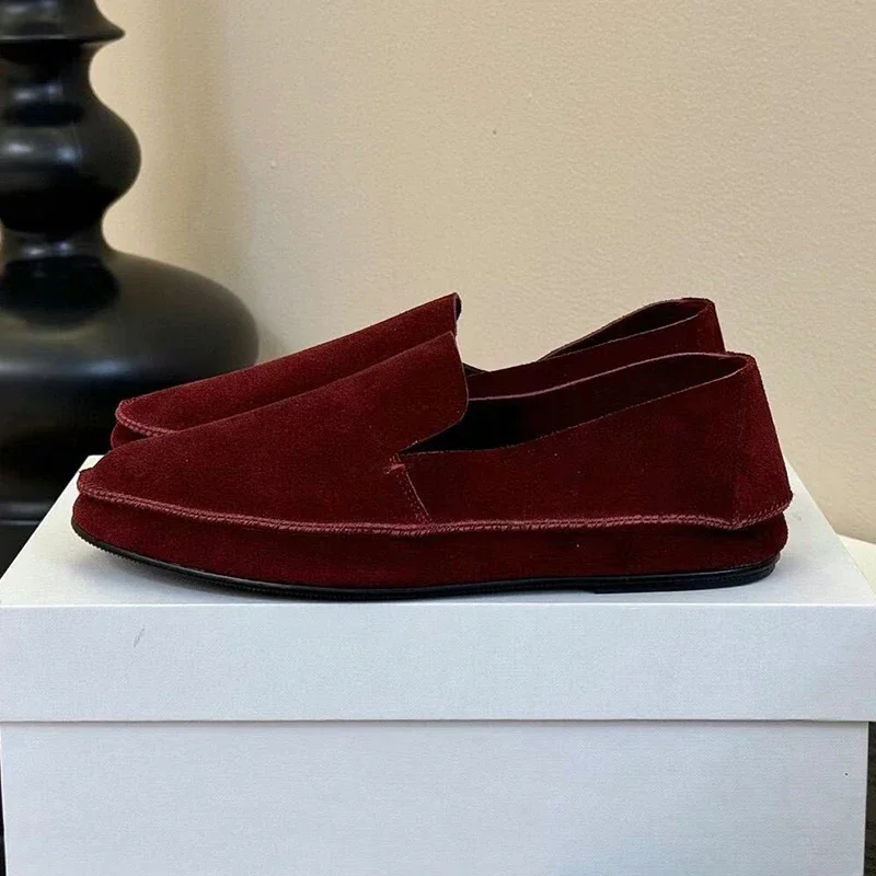 Spring Summer Retro Versatile Loafers Women Solid Color Cow Suede Round Toe Flat Shoes Daily Casual Single Shoes Driving Shoes