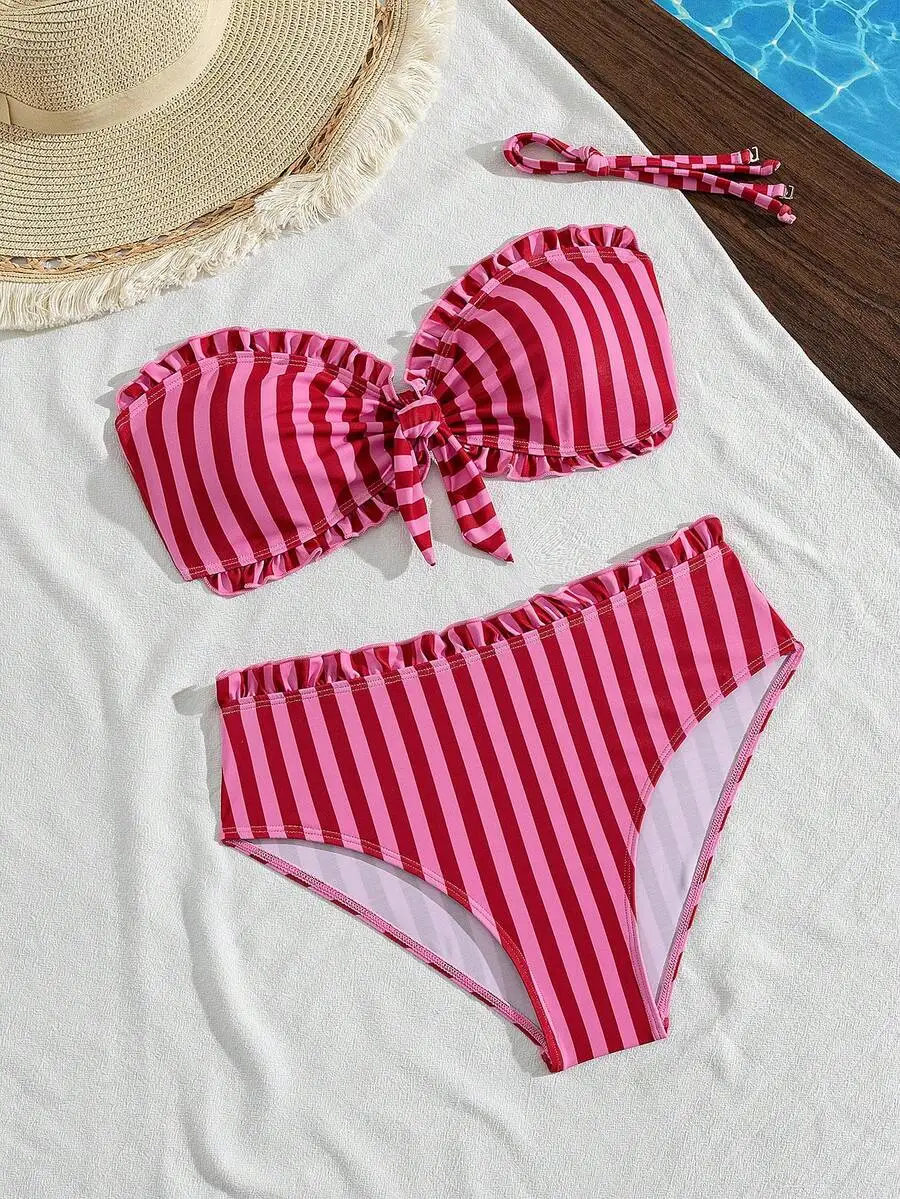 

Womens Striped Ruffled Strapless Bikini Set With Detachable Tie
