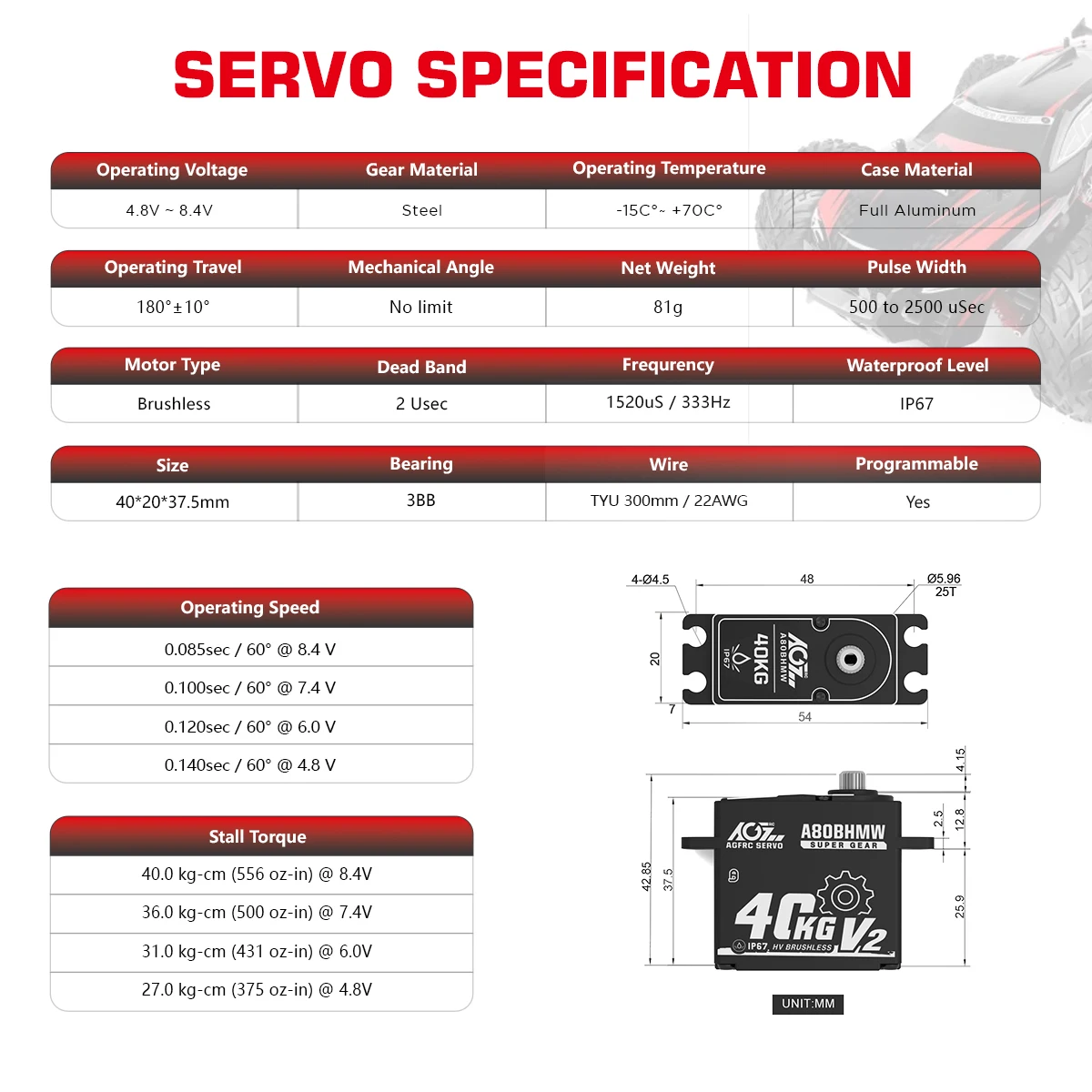 AGFRC A80BHMW V2 Steel Gears 40KG Programmable Waterproof BLS RC Steering Servo For 1/10 Scale Car Crawler Buggy Truck Off-Road