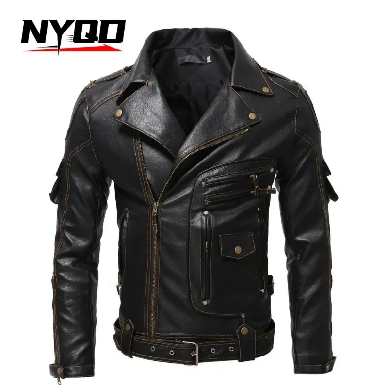 Men's Motorcycle Retro Leather Men's Multi Pocket Personalized Leather Jacket מעיל אופנוע  Chaqueta Moto Hombre Invierno