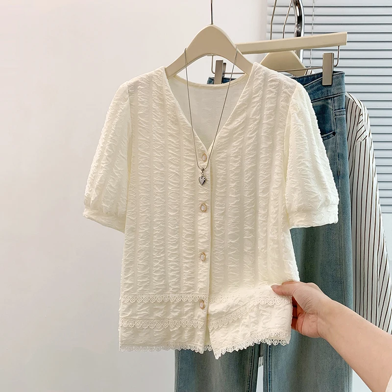 

plus Size Women's Shirt Floral Trim Splice V-neck Shoulder Length Short Sleeve Breathable Lightweight Cotton Blend Open Cardigan