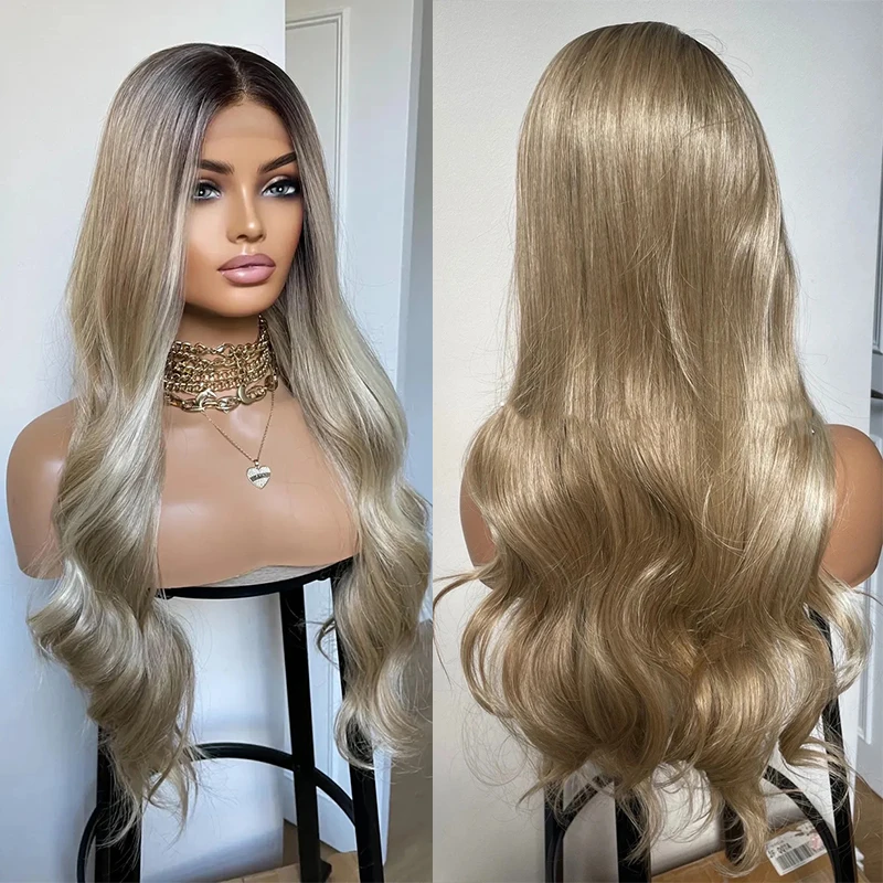 Rooted Ash Blonde Heat Friendly Synthetic Wig With Money Piece Blonde Lace Front Wigs Glueless For Beginners Ready to Ship Wigs