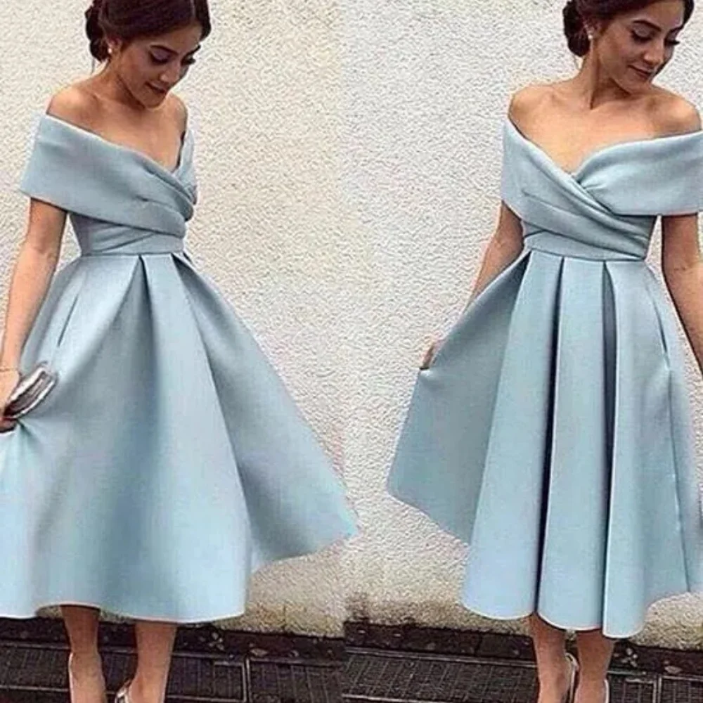 Dignified Short Party Dress Off Shoulder Tea Length Satin Backless Arabian Dubai Cheap Evening Dress Prom Cocktail Dress