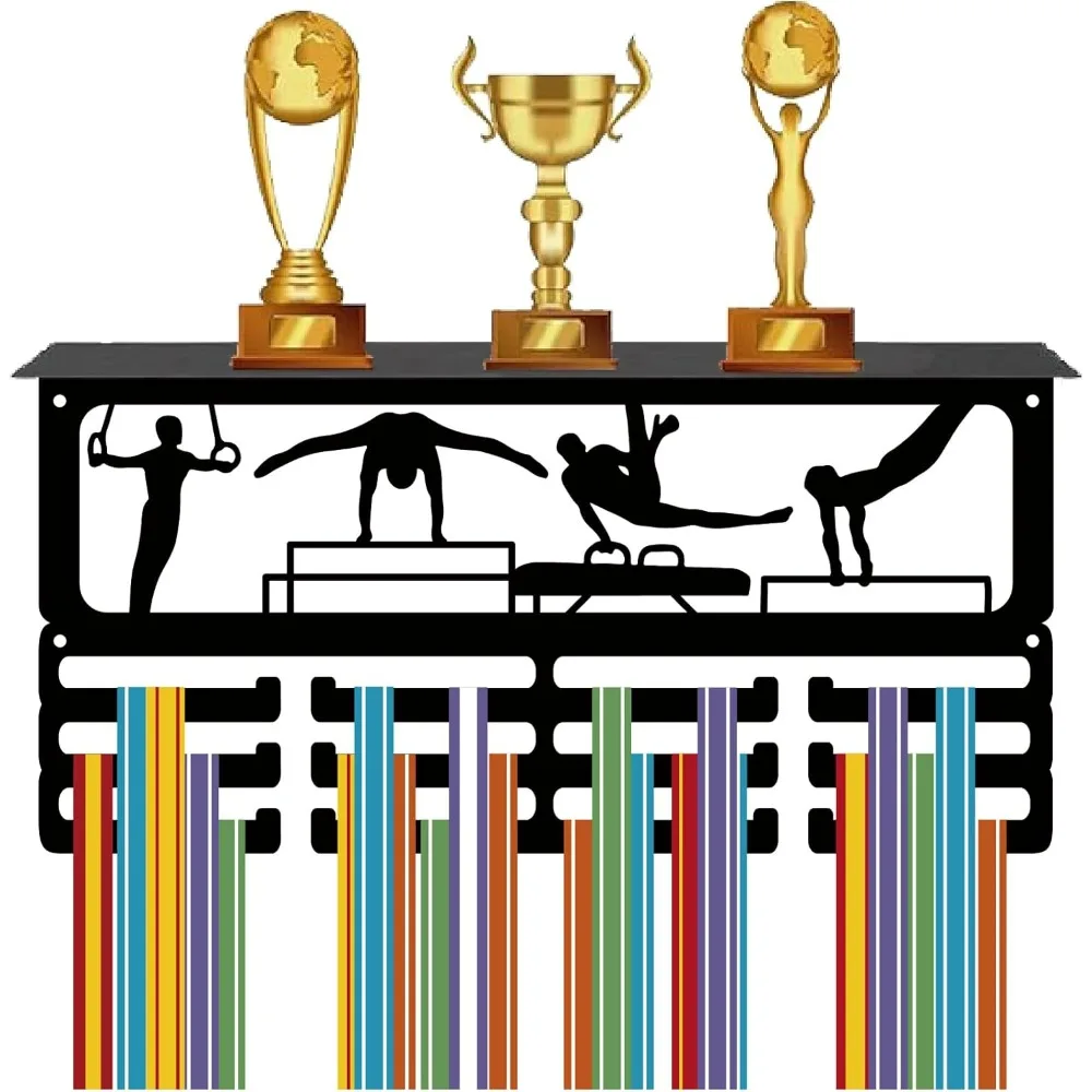 

Gymnastics Medal Holder Trophy Shelf Display with 12 Hooks Sports Metal Medal Hanger for Wall Mount Hold 60+ Sports Medals