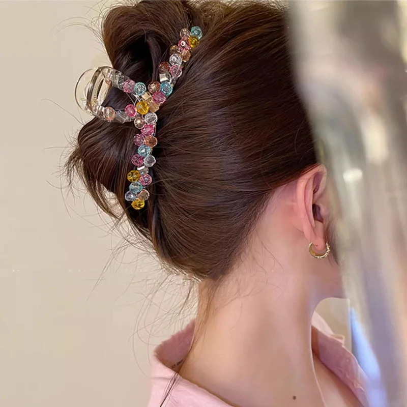 Colorful Crystal Handmade Beaded Hair Claw Clips 2023 Korean Large Charm Colorful Pearl Hairpin Hair Accessories for Women