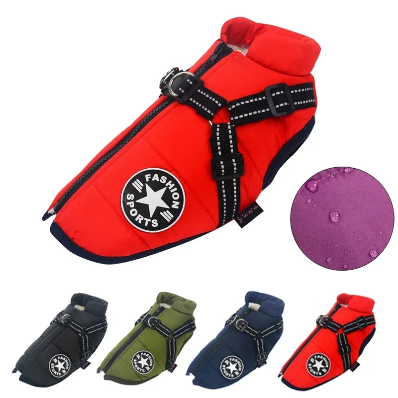 Inverno quente jaqueta para cães à prova dwaterproof água casaco para animais de estimação para pequeno grande roupas para cães velo com arnês filhote de cachorro colete chihuahua labrador traje