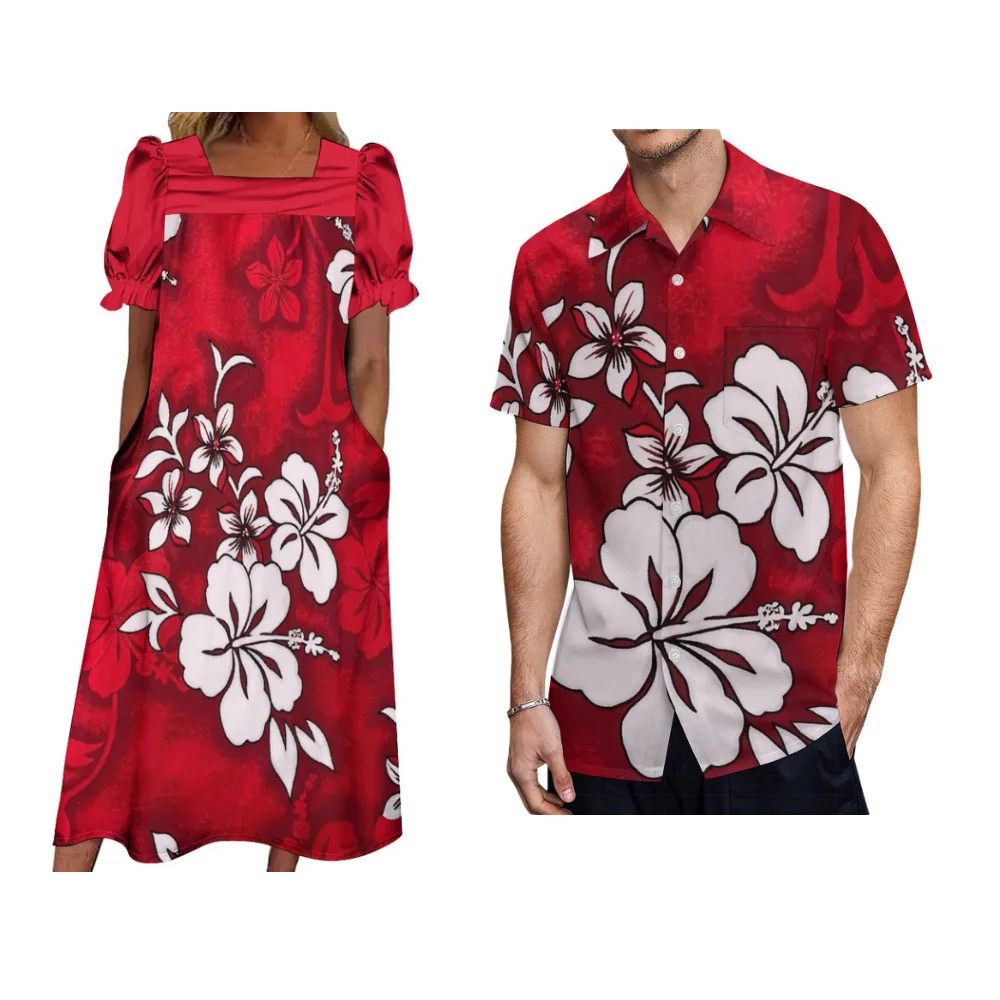 Casual Pocket New Women'S Dress Micronesian Mumu Traditional Polynesian Couple Suit Puffed Sleeve Women'S Dress Hawaiian Shirt