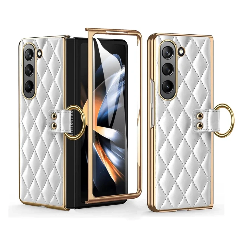 For Samsung Galaxy Z Fold 6 Z Fold 5 Leather Case With Ring Screen Protector Plating Woman Girl Luxury Phone Case For Z Fold 4 3
